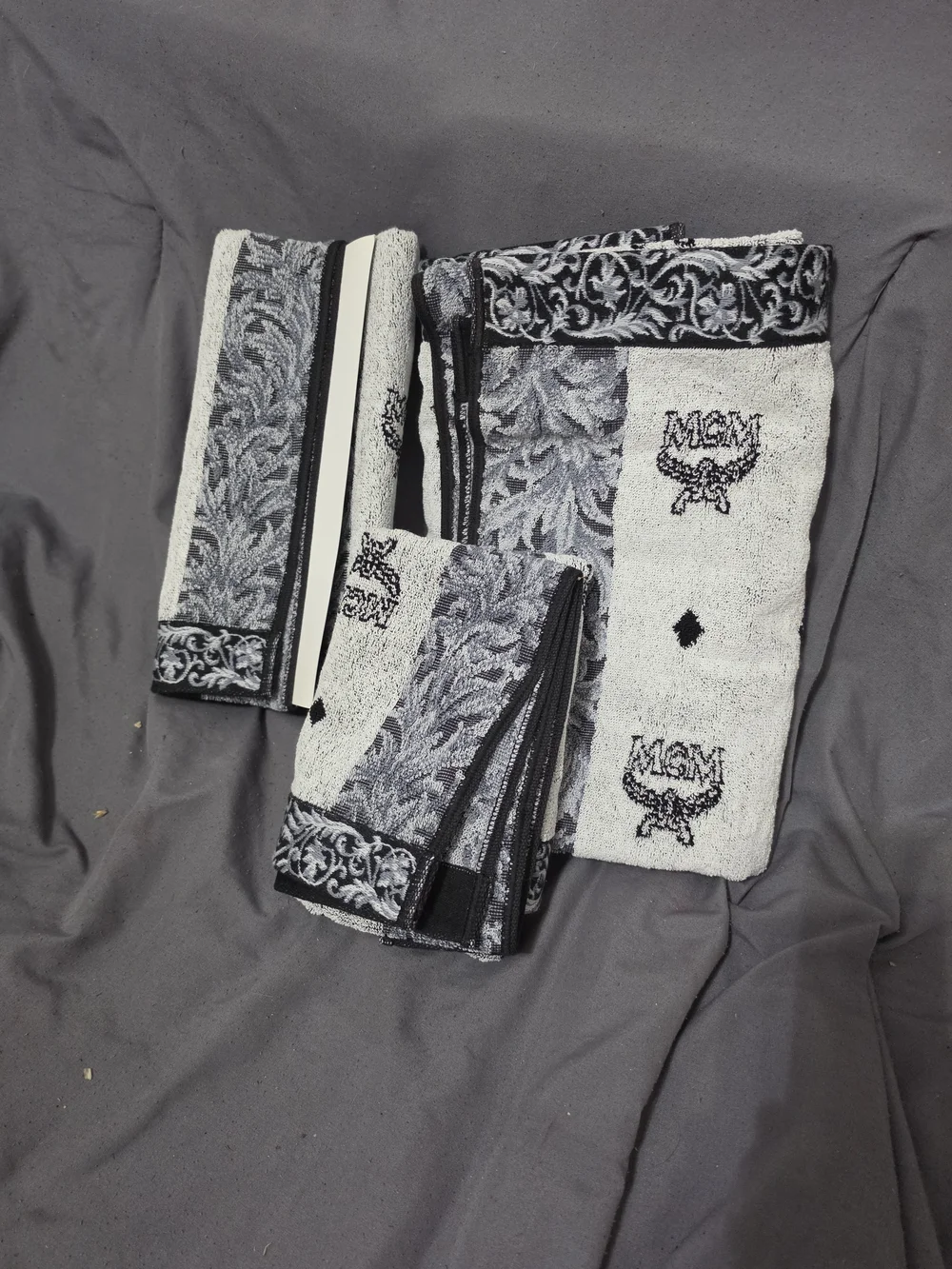 MCM Logo Embroidered Towel Set in Grey and Black